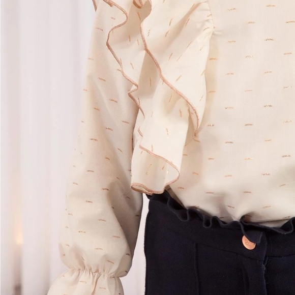 Abel & Lula Crème & Gold Holiday blouse. Rose Gold Metallic Stitching. Christmas - Picture 3 of 9